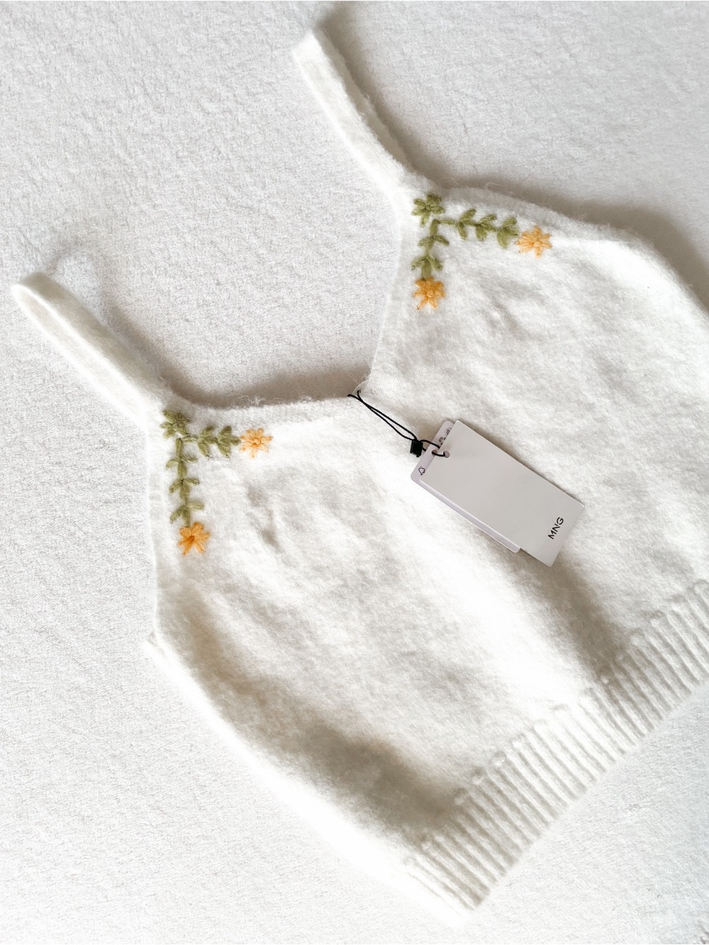 Mango Cream Knit Cami with Yellow Floral Embroidery